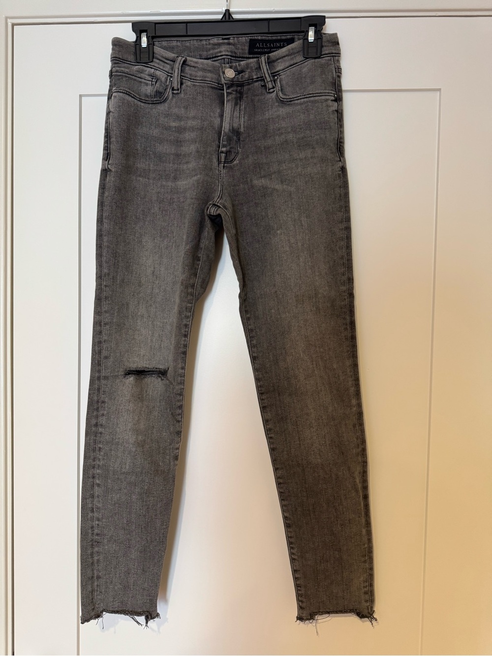 AllSaints Women Washed Charcoal Skinny Jeans with Knee Rip